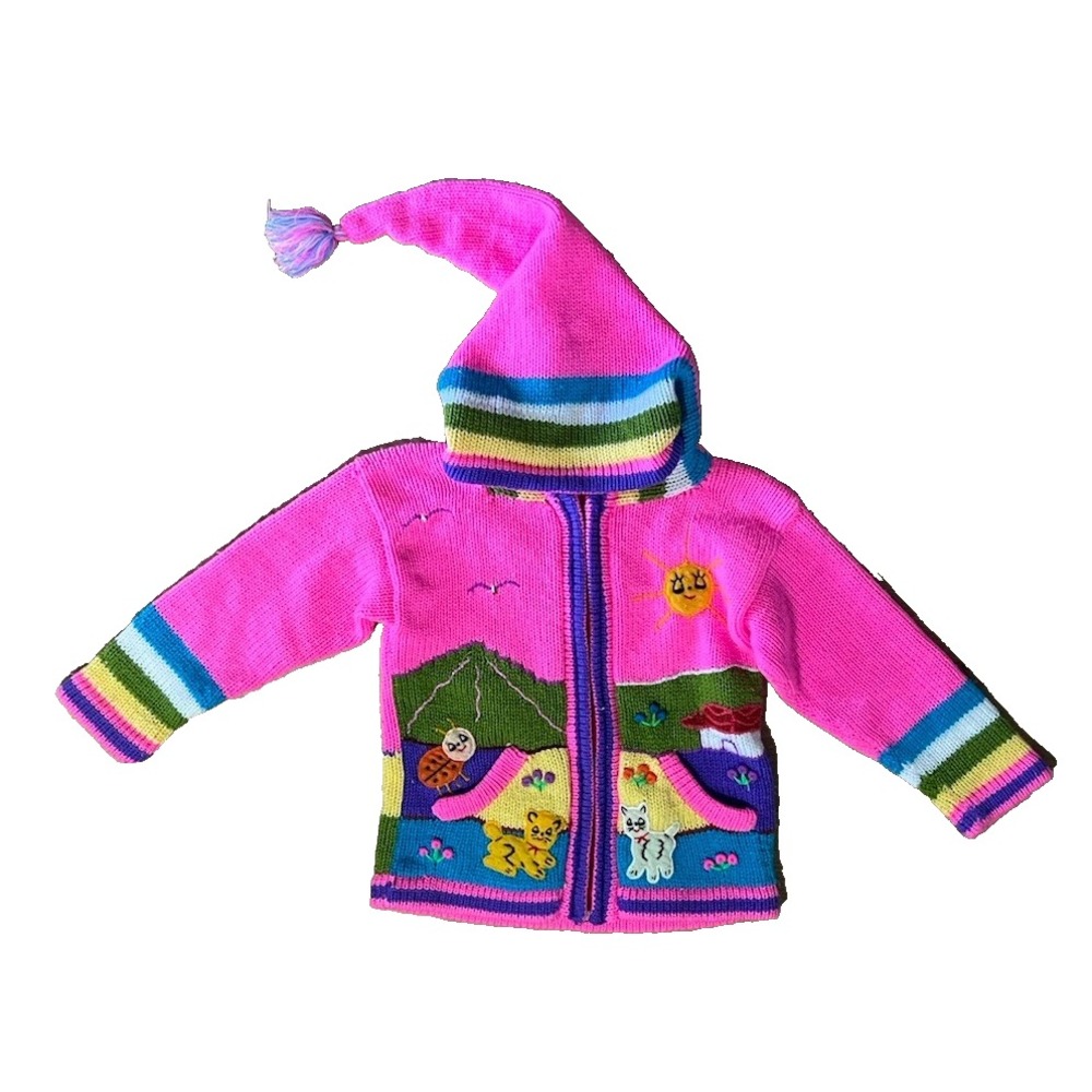 Sumak Maki 100% Wool Sweater Girls Size 6/7 Hand Knitted Hooded Zip Up Pink Peru